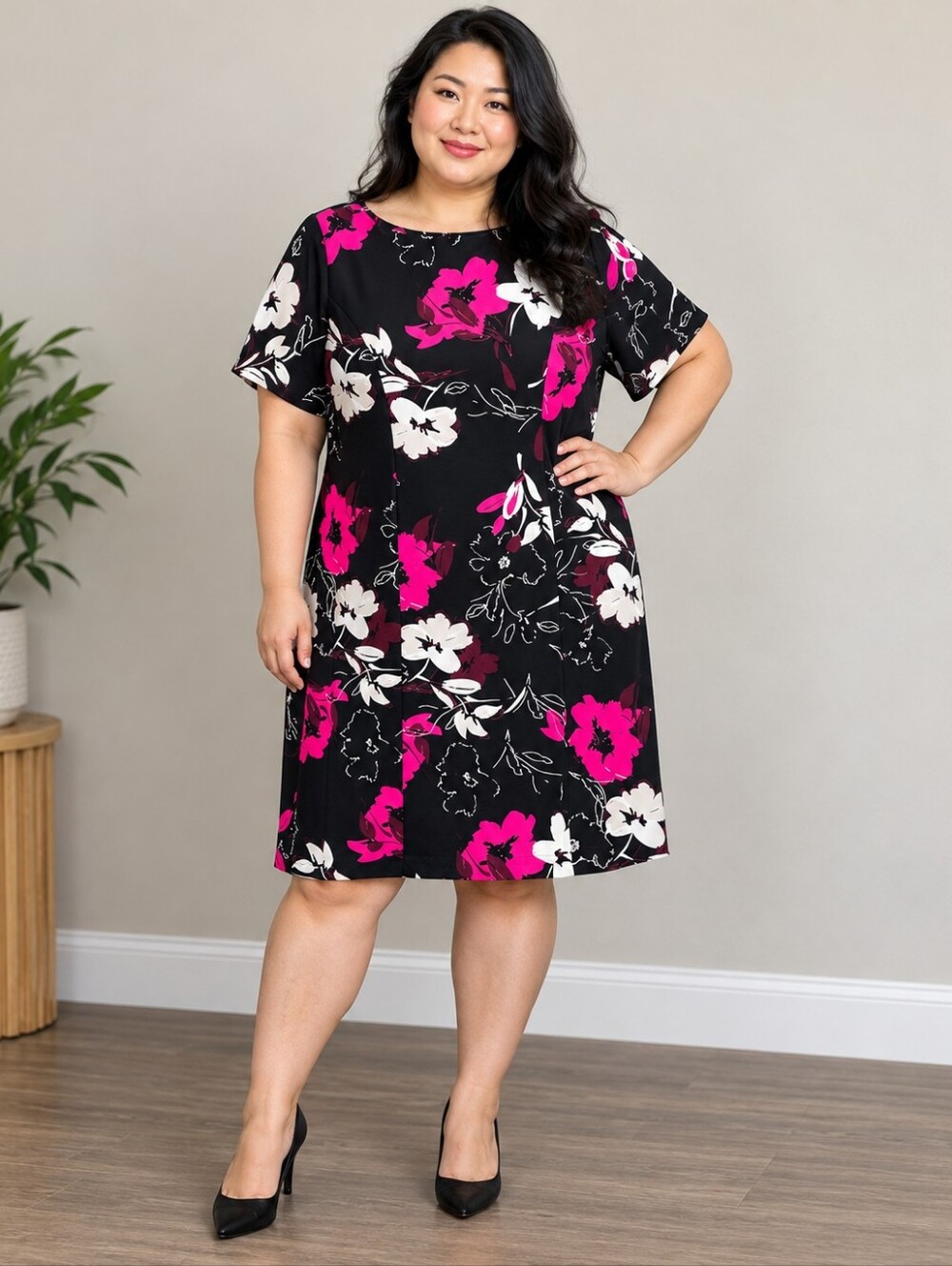 Alfani Black Shift Dress with Hot Pink & White Floral Print